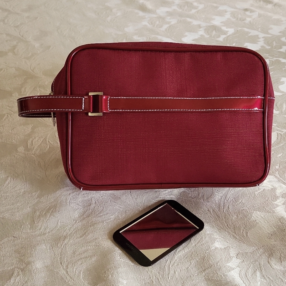Estee Lauder Cosmetic Bag with Estee Lauder Mirror. Deep Cherry/Burgundy. NWOT